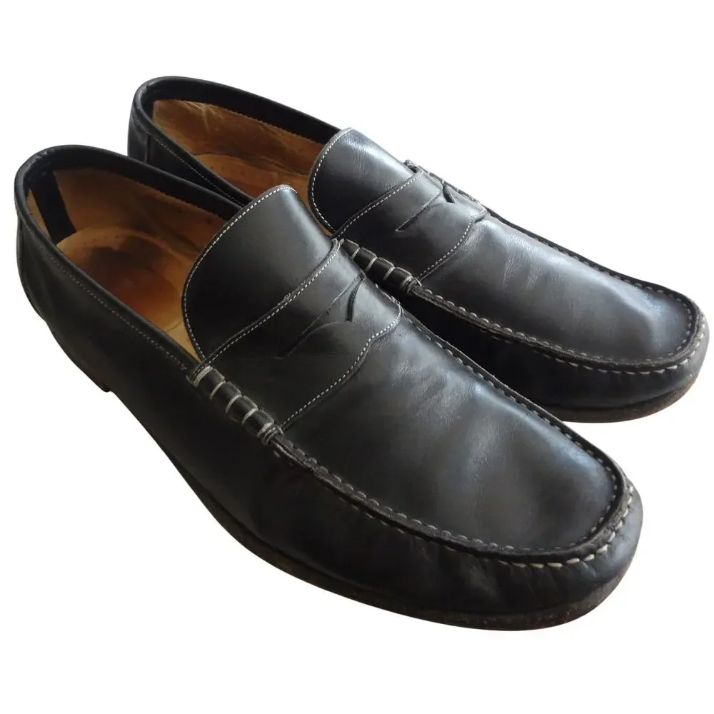 Santoni Austin Black Leather Penny Loafer Men 13 Moc Stitching Paine Italy Pinch